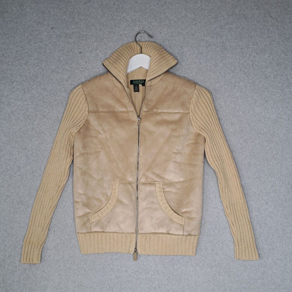 Lauren Ralph Lauren Petite Small Faux Suede Full Zip Sweater Beige Mock Neck